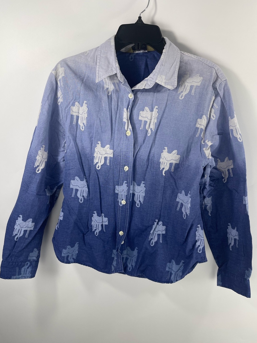Roper Blue Ombré Linen Blend Button Down Saddle Print Western Shirt Medium